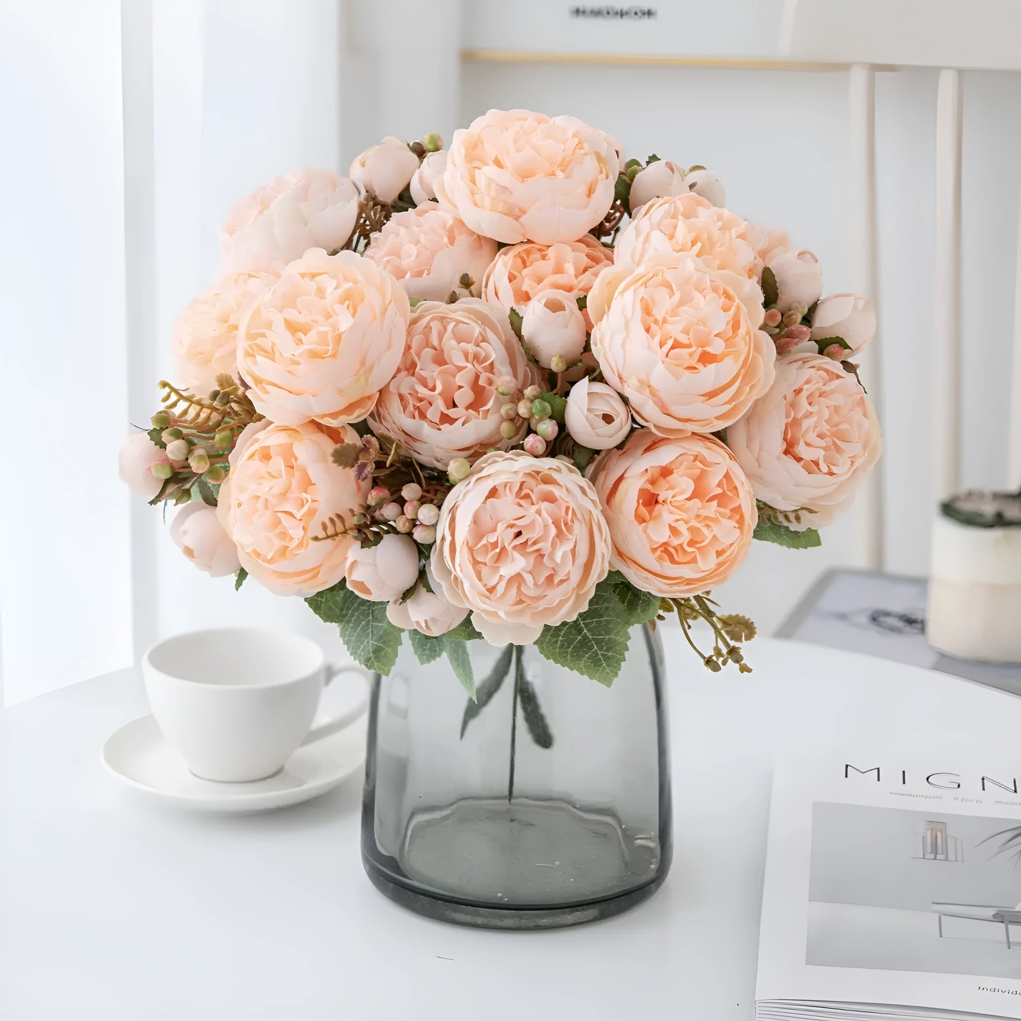 Artificial silk peony flower bouquet in champagne colour for home or wedding decoration