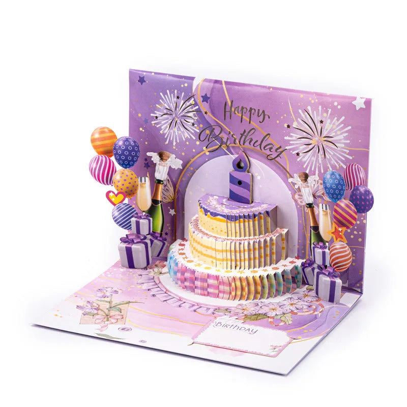 Chinese ink style birthday card with a 3D white cake pop-up and musical mechanism.