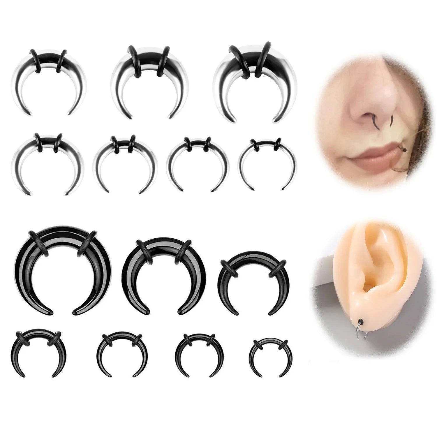 C-shaped 316 stainless steel nose ring with buffalo horn detail in black and steel colour options