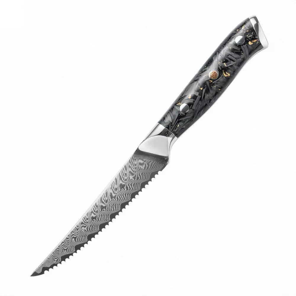 Eight-piece Damascus steel kitchen knife set with fishbone pattern, showing chef, utility, boning, steak, and fruit knives.