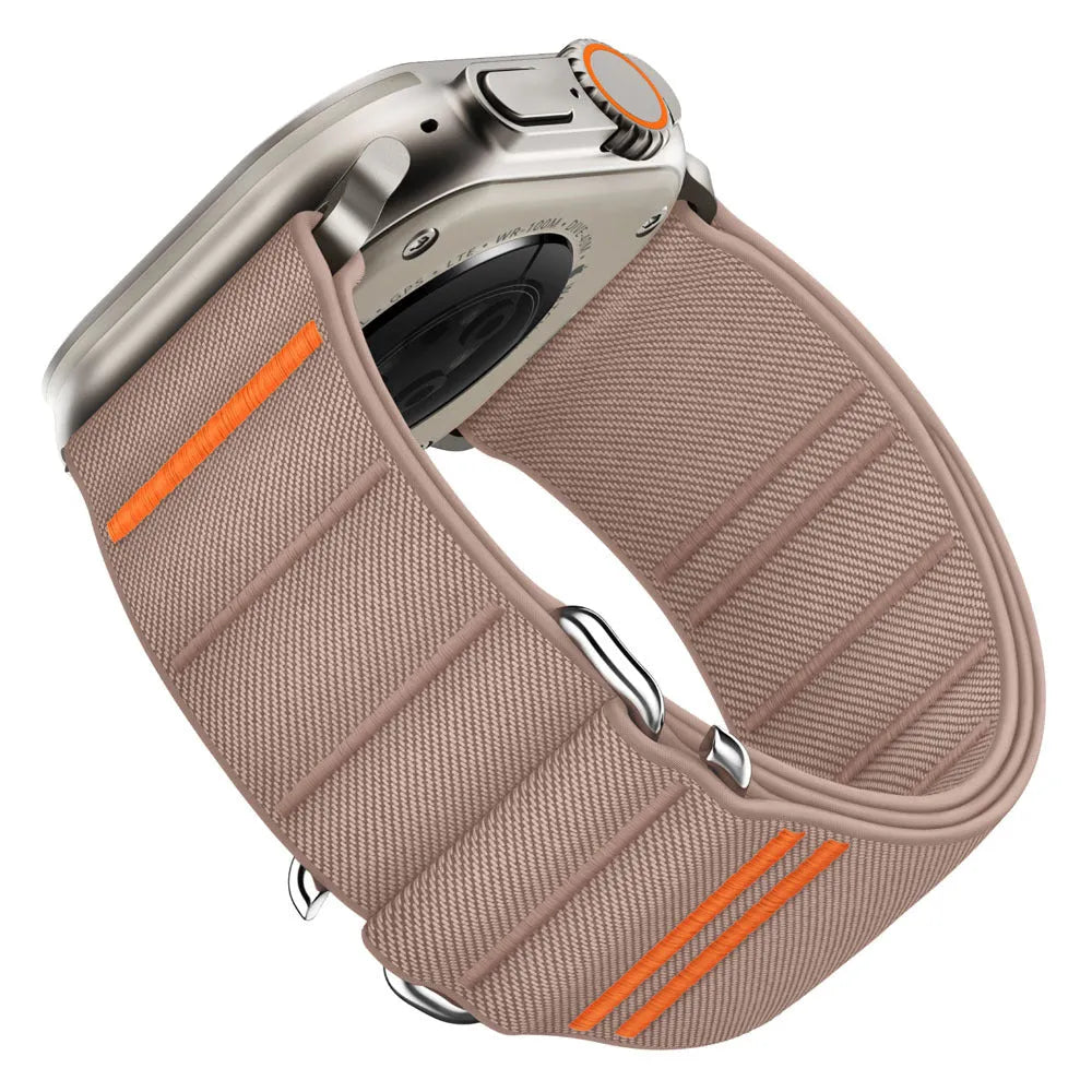 Elastic nylon Apple Watch band with stainless steel buckle shown in multiple colour options.