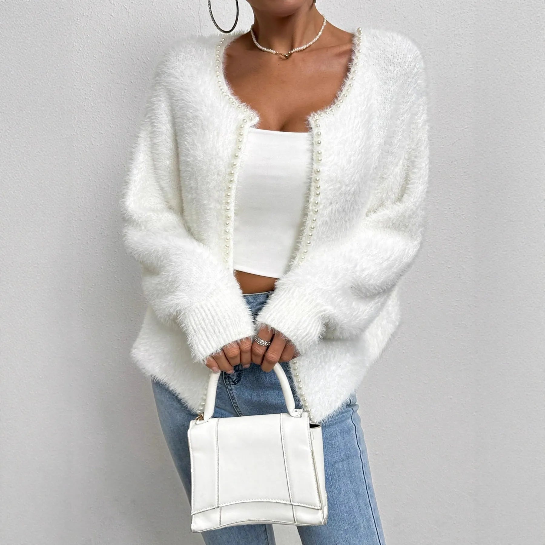 Women's white V-neck cardigan sweater in polyester knit fabric, medium thickness