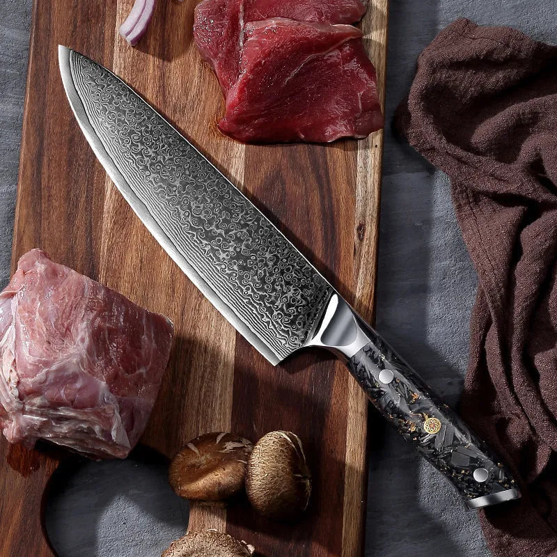 Eight-piece Damascus steel kitchen knife set with fishbone pattern, showing chef, utility, boning, steak, and fruit knives.