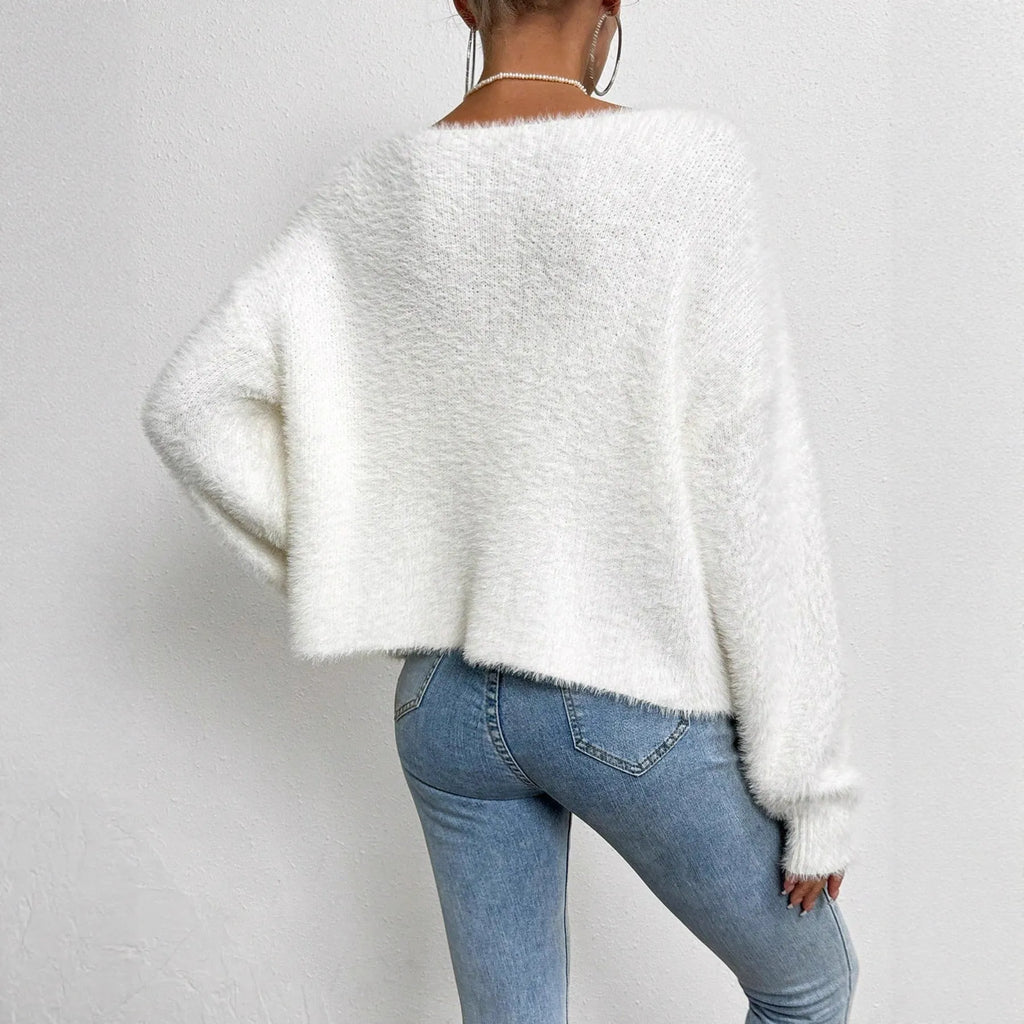 Women's white V-neck cardigan sweater in polyester knit fabric, medium thickness