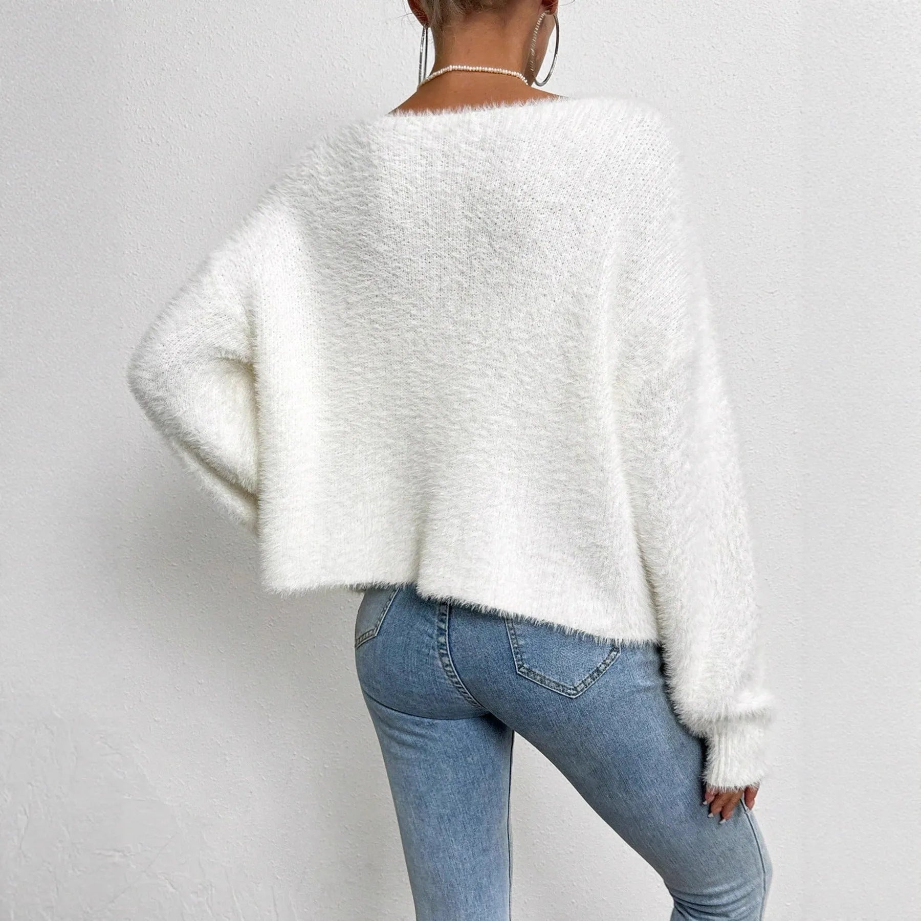 Women's white V-neck cardigan sweater in polyester knit fabric, medium thickness