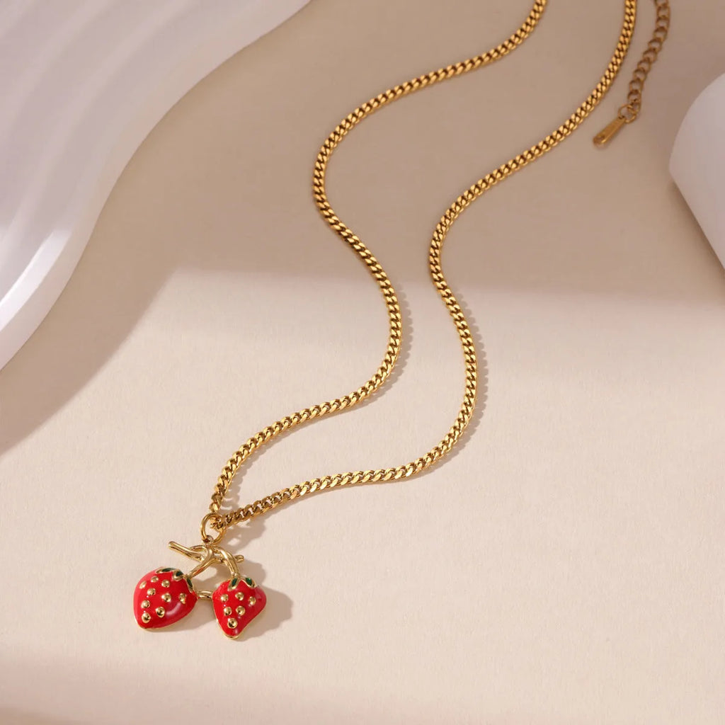 Strawberry fruit necklace pendant in stainless steel with red or white gradient colour on alloy chain