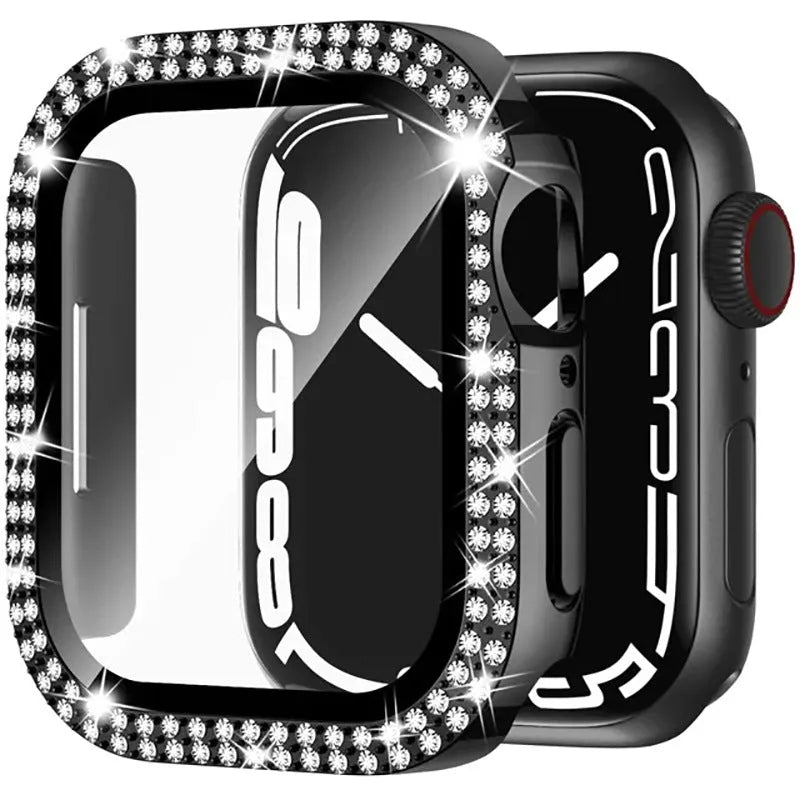 Apple Watch case with double diamond glass in rose pink, shown fitted on a 41mm Apple Watch.
