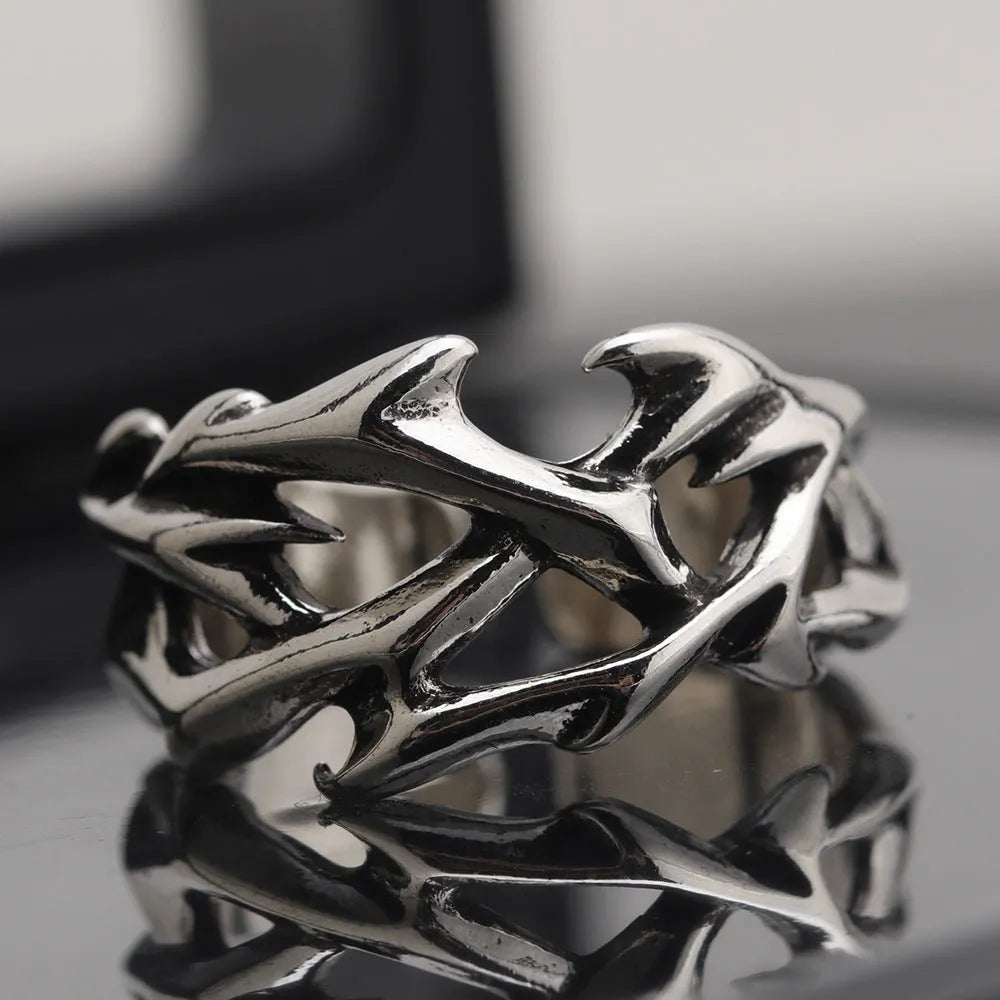Copper geometric ring with thorn flower design and adjustable opening