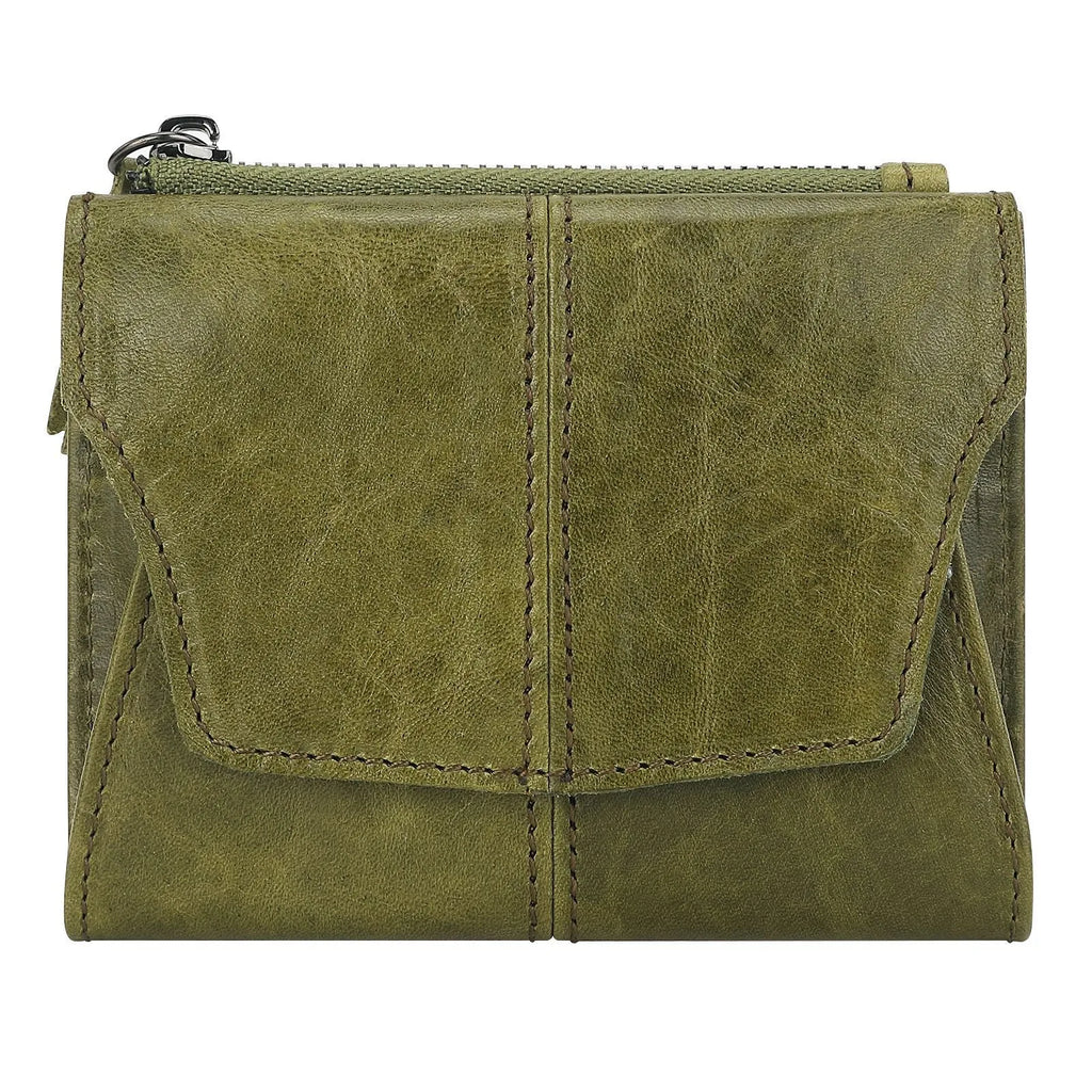 Cowhide coin purse in retro style with stitching and lock detail, showing anti-theft swiping feature