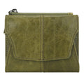 Cowhide coin purse in retro style with stitching and lock detail, showing anti-theft swiping feature