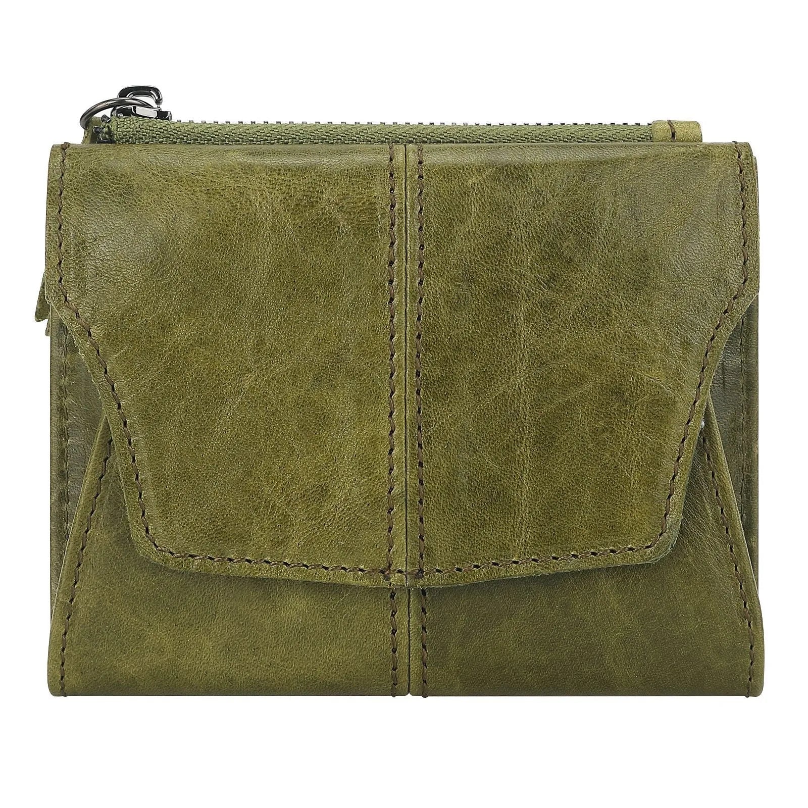 Cowhide coin purse in retro style with stitching and lock detail, showing anti-theft swiping feature