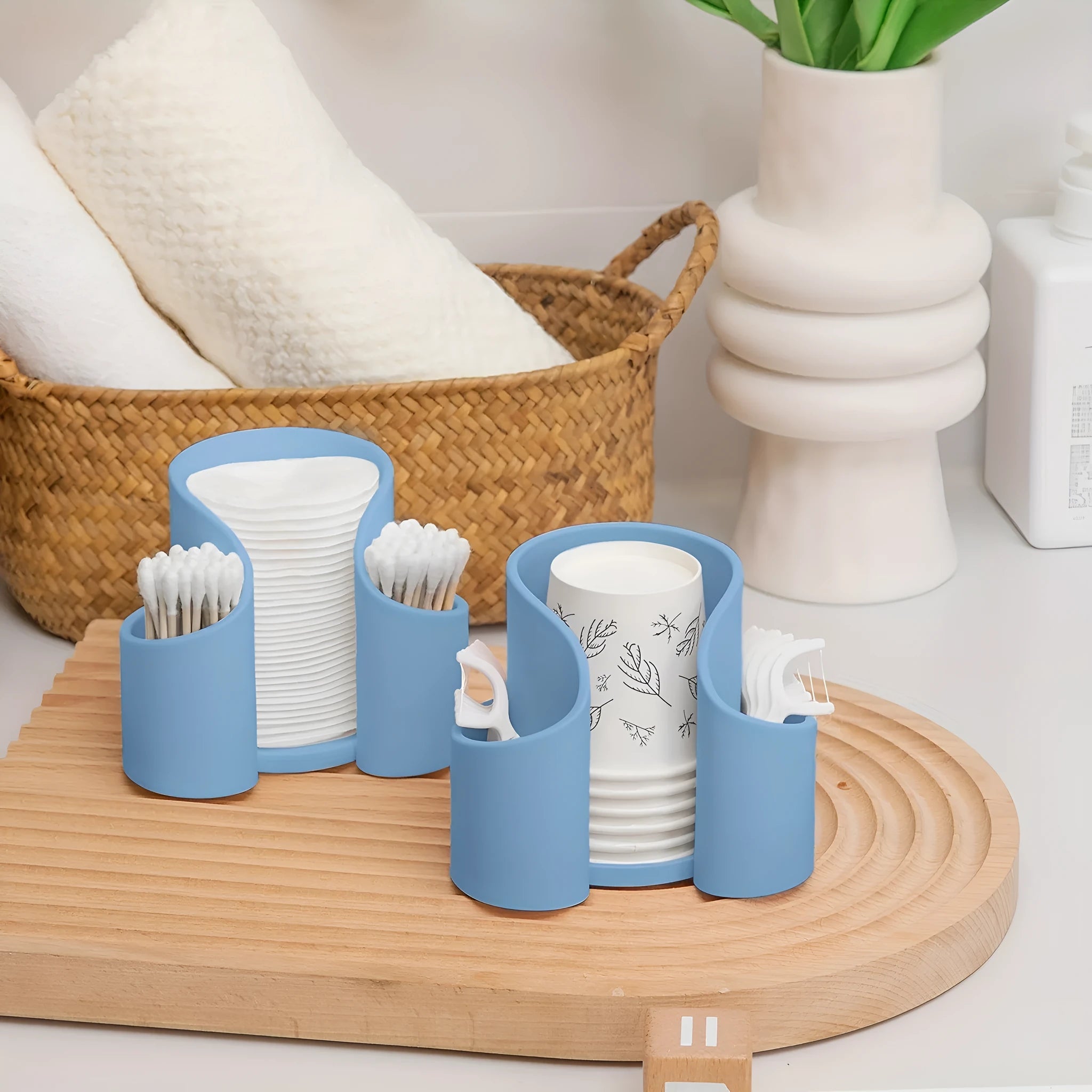 A solid colour plastic cotton box for dental floss or swab storage.