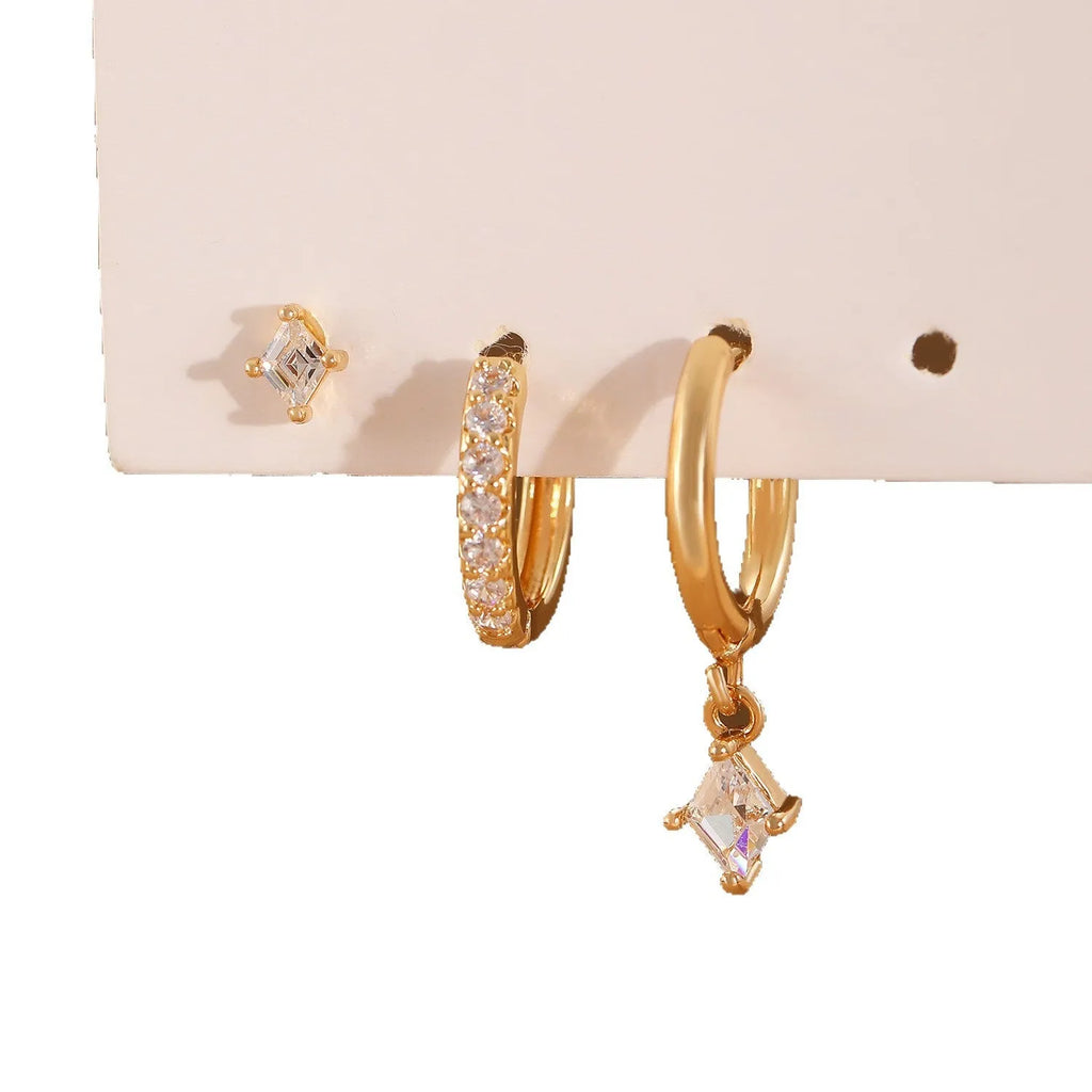 Ladies three-piece geometric earring set with zircon detailing in gold and white colours