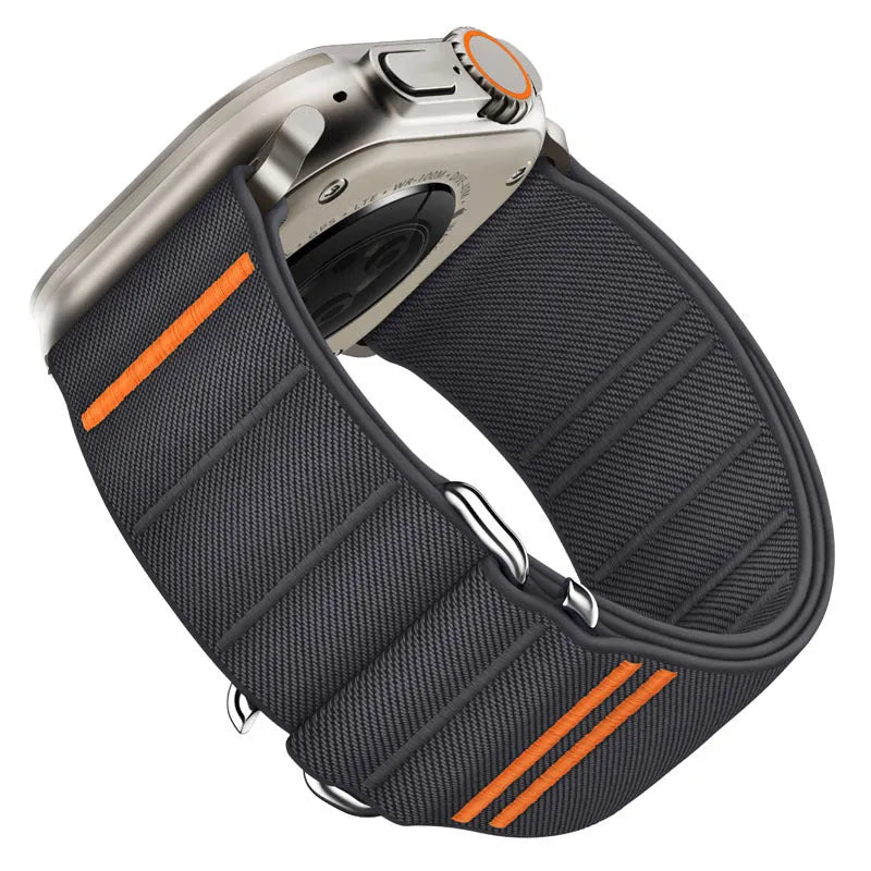 Elastic nylon Apple Watch band with stainless steel buckle shown in multiple colour options.