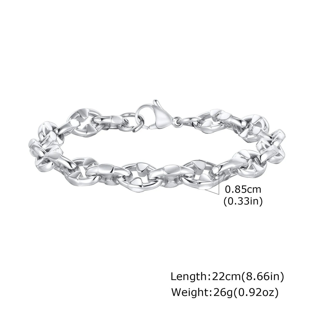 Handmade thick stainless steel geometric chain bracelet with a polished steel colour finish