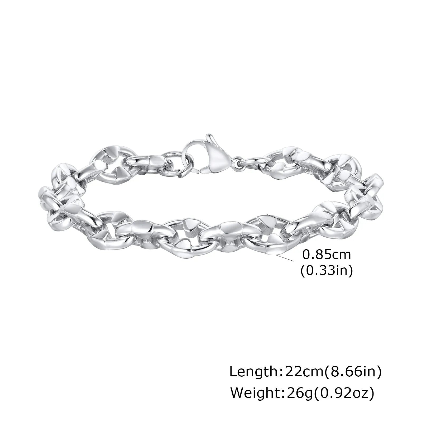 Handmade thick stainless steel geometric chain bracelet with a polished steel colour finish