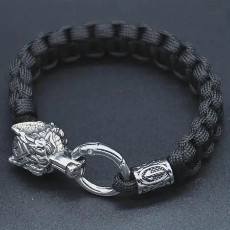 Handmade stainless steel wolf head bracelet with Luen character in camouflage colour.