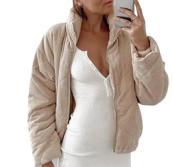 Apricot corduroy women's zip jacket with stand collar and long sleeves