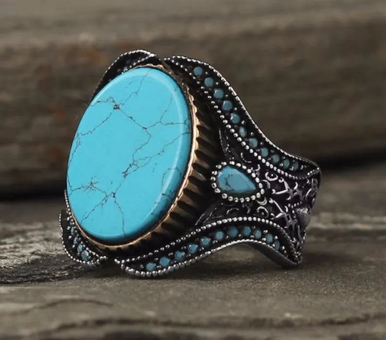 Men's antique silver alloy ring with round turquoise stone in simple setting