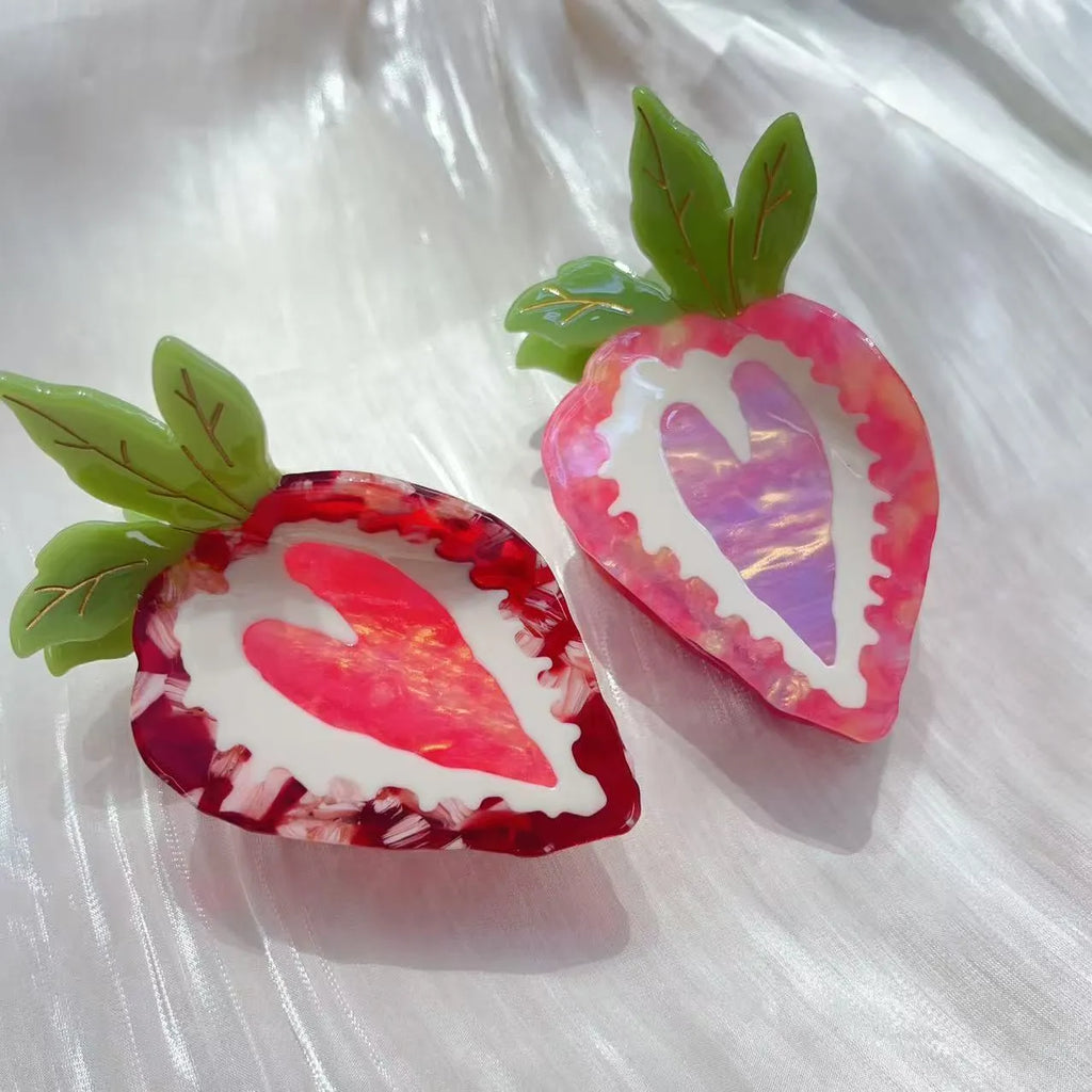 Manual craft strawberry design hairpin in pastoral style, shown in pink and red colour options.