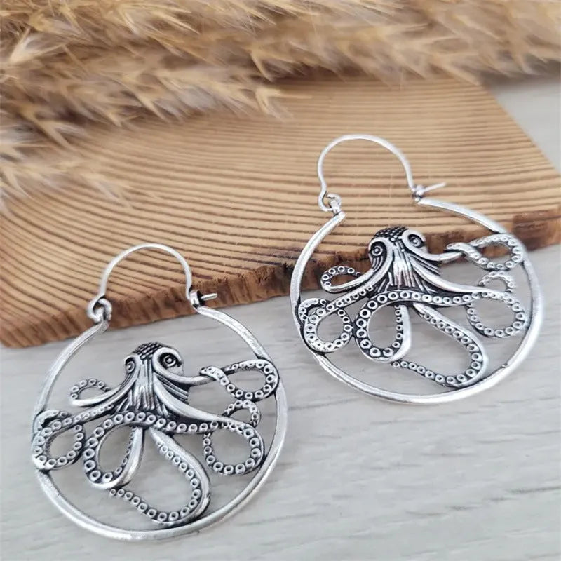 Antique silver octopus earrings with detailed modelling on zinc alloy base