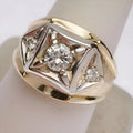 A pair of wide, geometric copper couple rings with a hollow design and chamfered square pattern in gold colour.