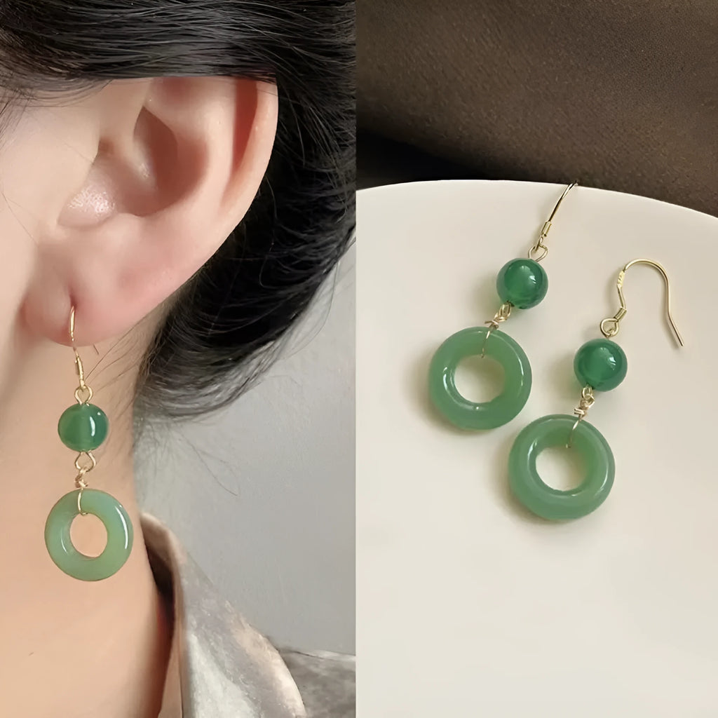 Green peace buckle geometric earrings with zinc alloy and 14K gold plating for Chinese style clothing