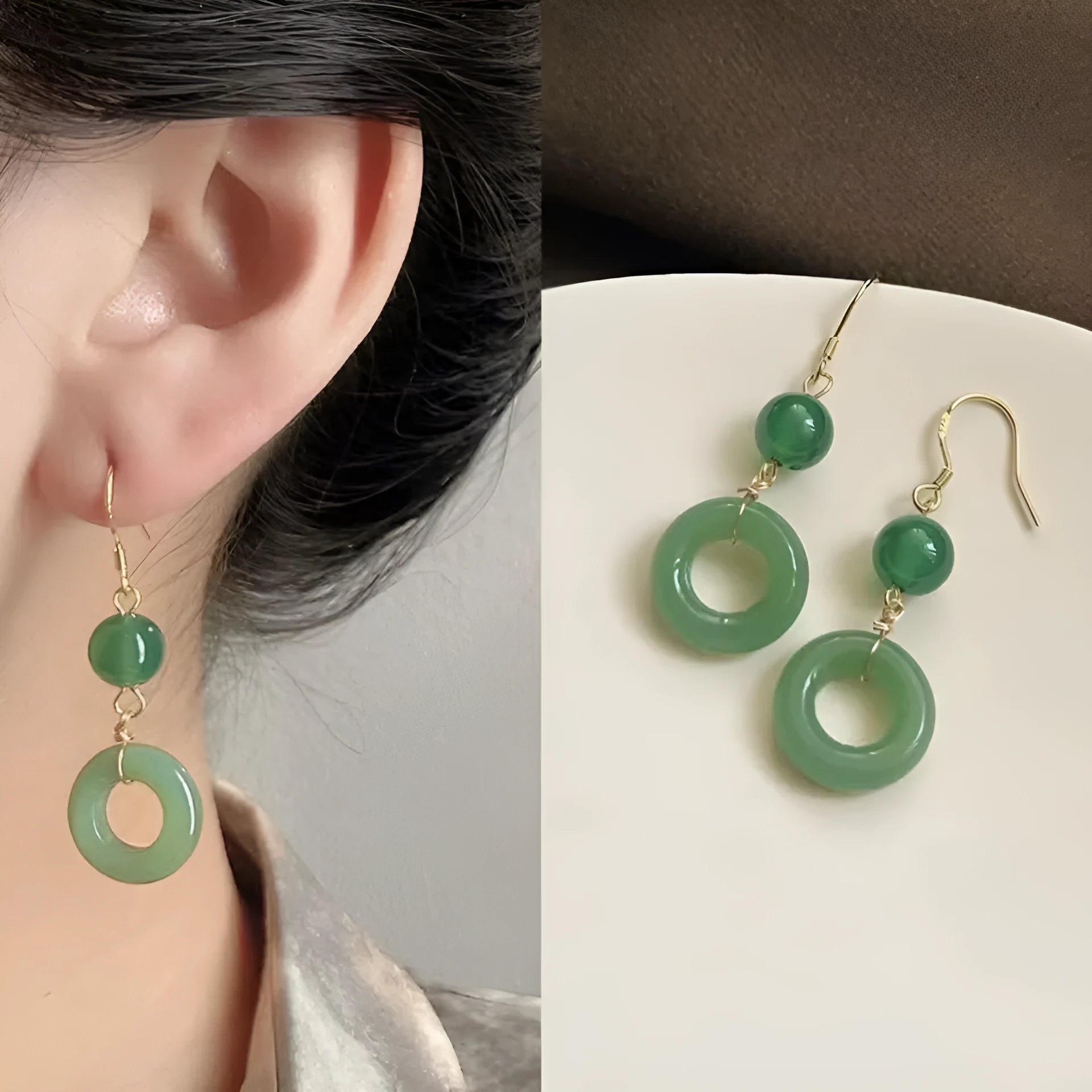 Green peace buckle geometric earrings with zinc alloy and 14K gold plating for Chinese style clothing