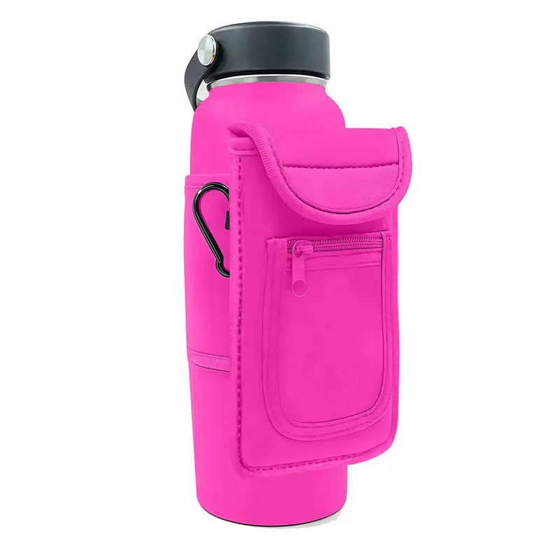 Magnetic cloth sleeve for a large sports bottle, showing black and pink colour options.