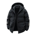 Men's black padded hooded coat with letter print design and side pockets in Korean style