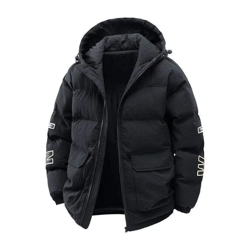 Men's black padded hooded coat with letter print design and side pockets in Korean style