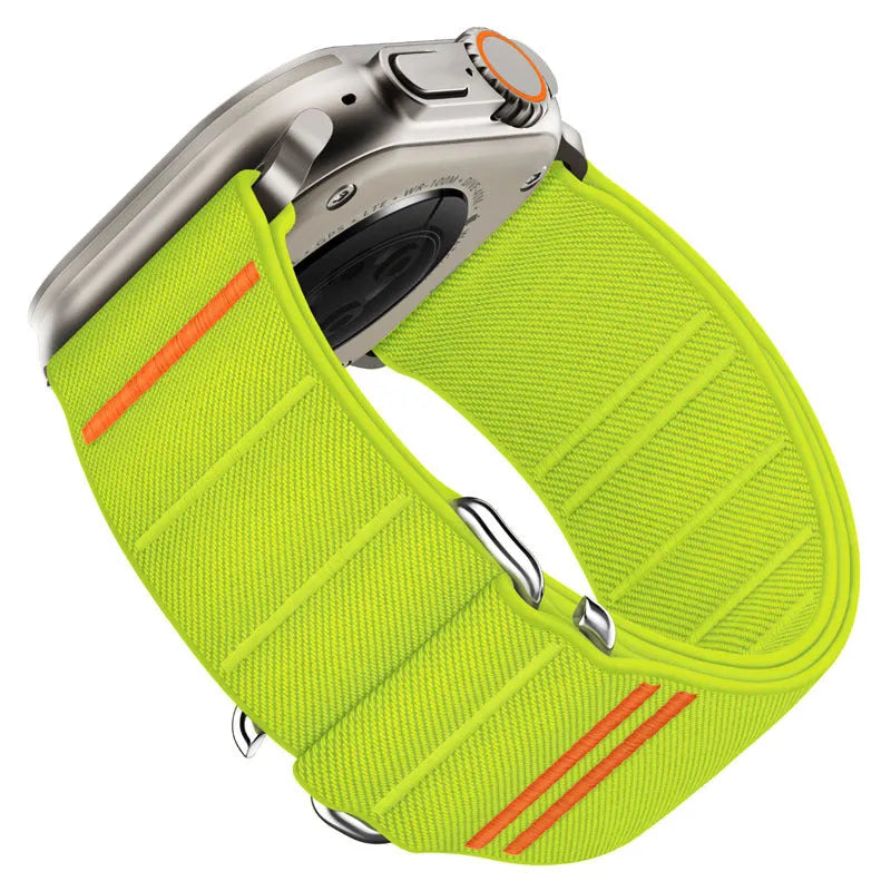 Elastic nylon Apple Watch band with stainless steel buckle shown in multiple colour options.