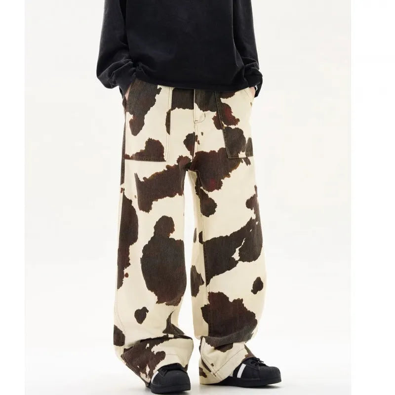 Men's casual straight-leg trousers with American retro cows pattern in 7698 cow colour