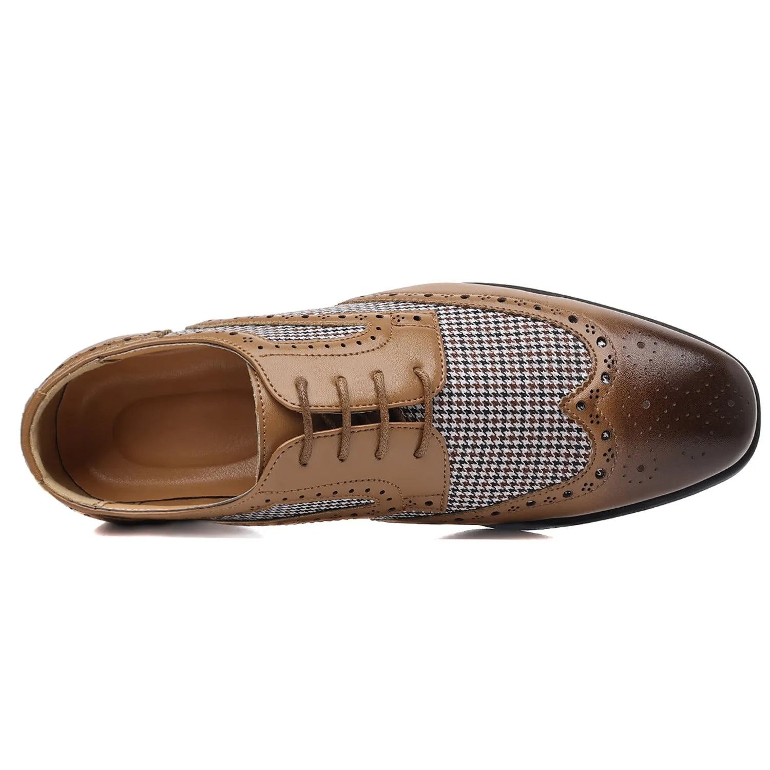 Men's black houndstooth plaid casual shoes with square toe and lace-up front on a rubber sole.