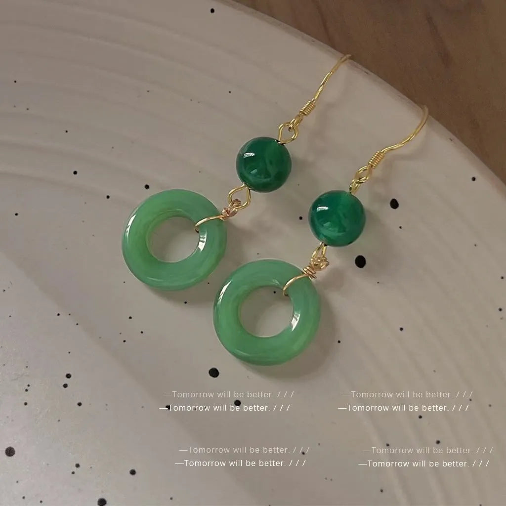 Green peace buckle geometric earrings with zinc alloy and 14K gold plating for Chinese style clothing