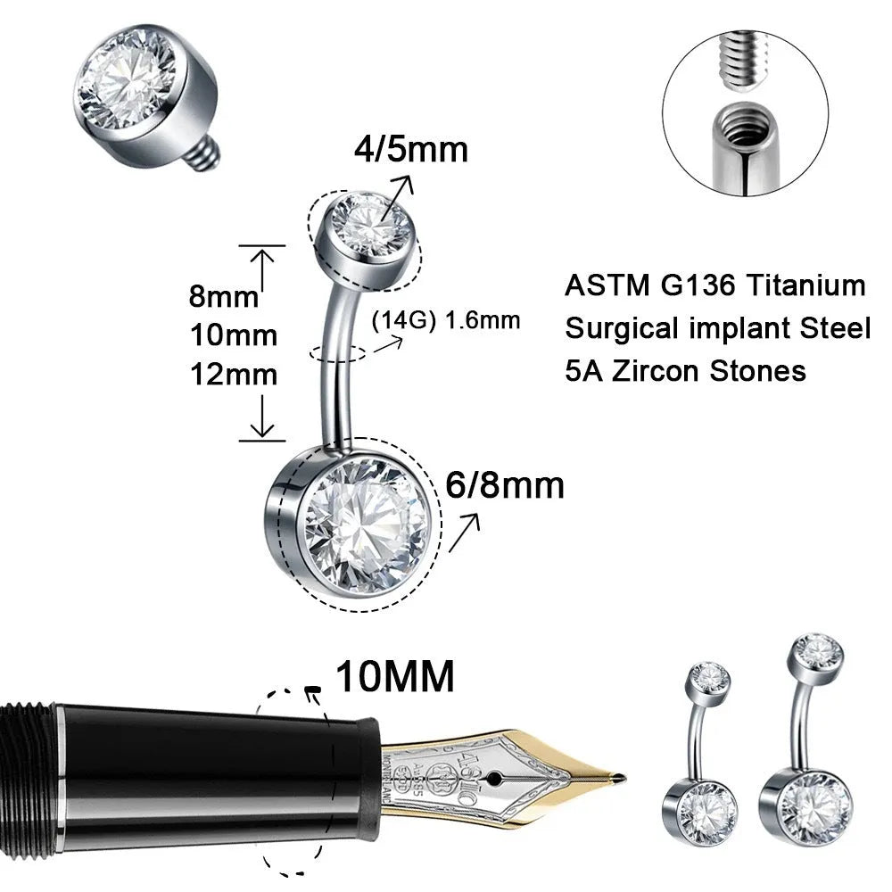 Double-headed titanium alloy navel stud with zirconium accents in various colours on a plain background.