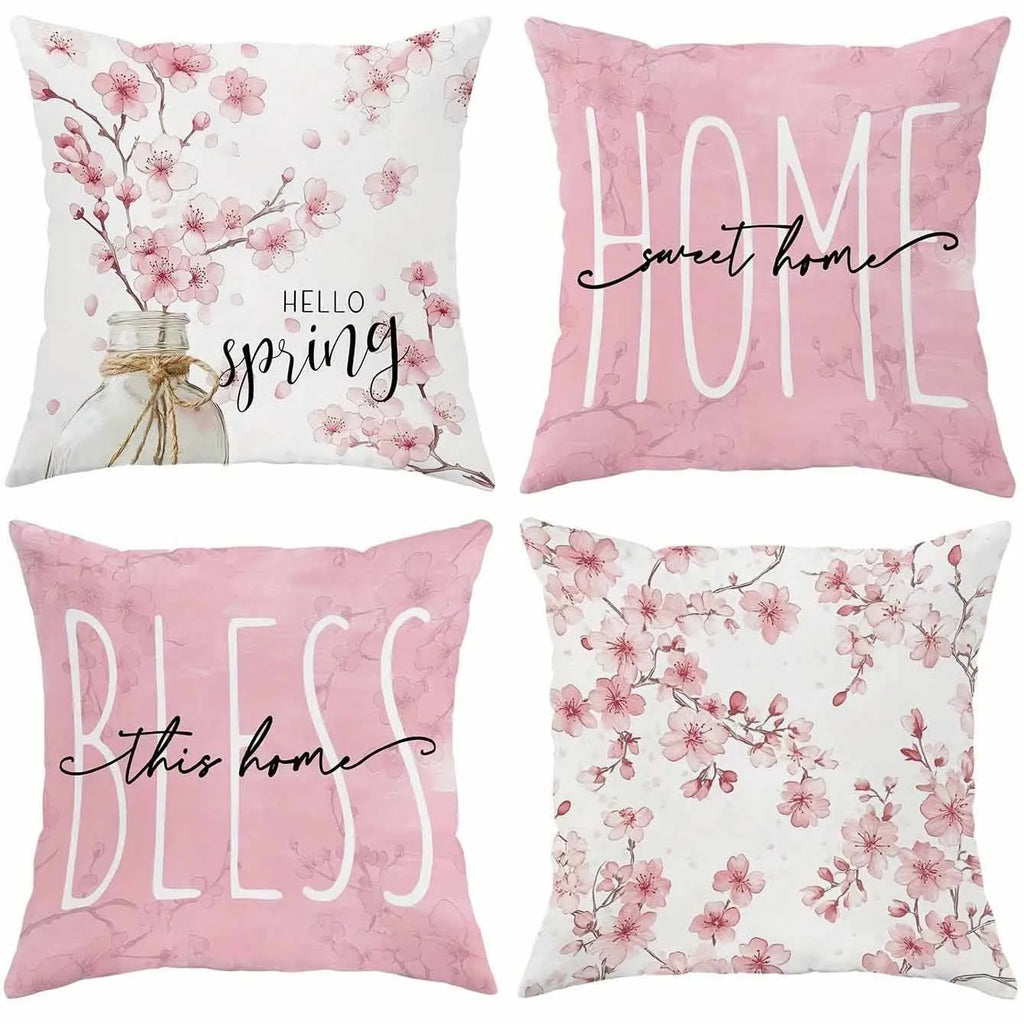 Square short velvet cushion cover with pink cherry blossom and letter print, 45cm.