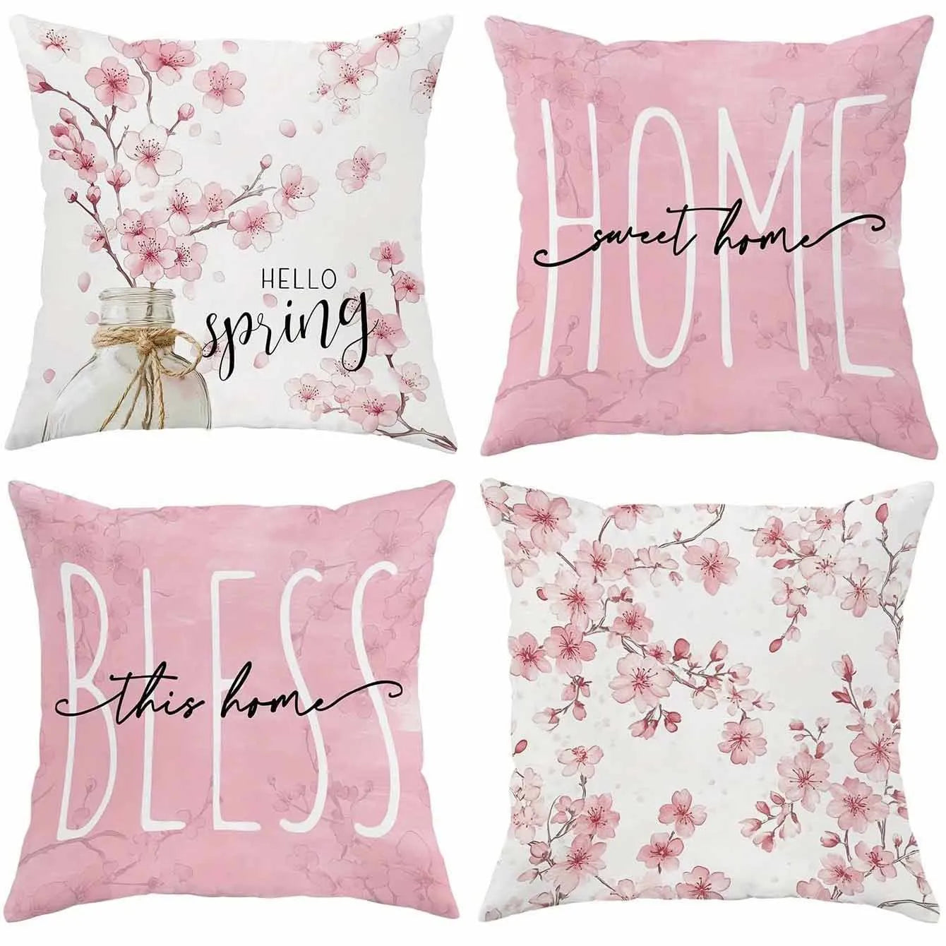 Square short velvet cushion cover with pink cherry blossom and letter print, 45cm.