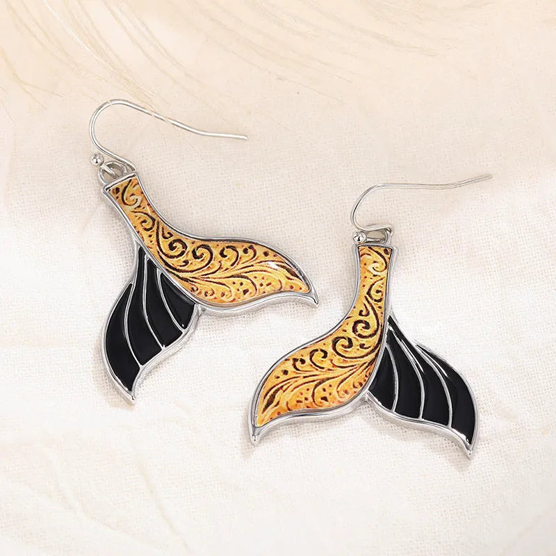 Women's fishtail earrings with whale design in white gold colour retro alloy jewellery