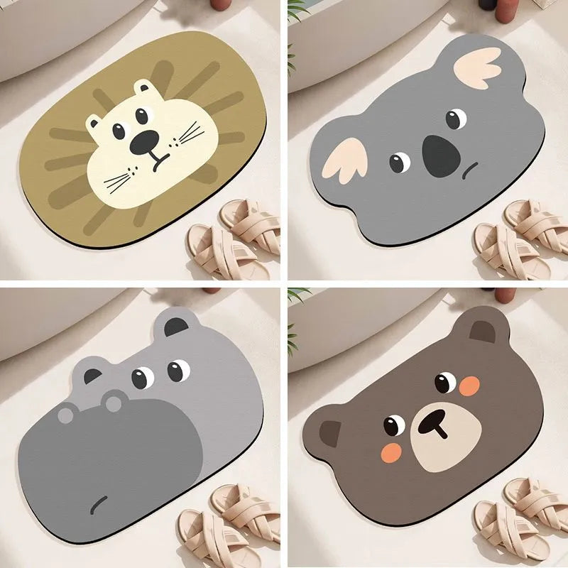 Colourful cartoon animal diatomaceous earth bathroom mat on tiles, showing non-slip base and absorbent texture.