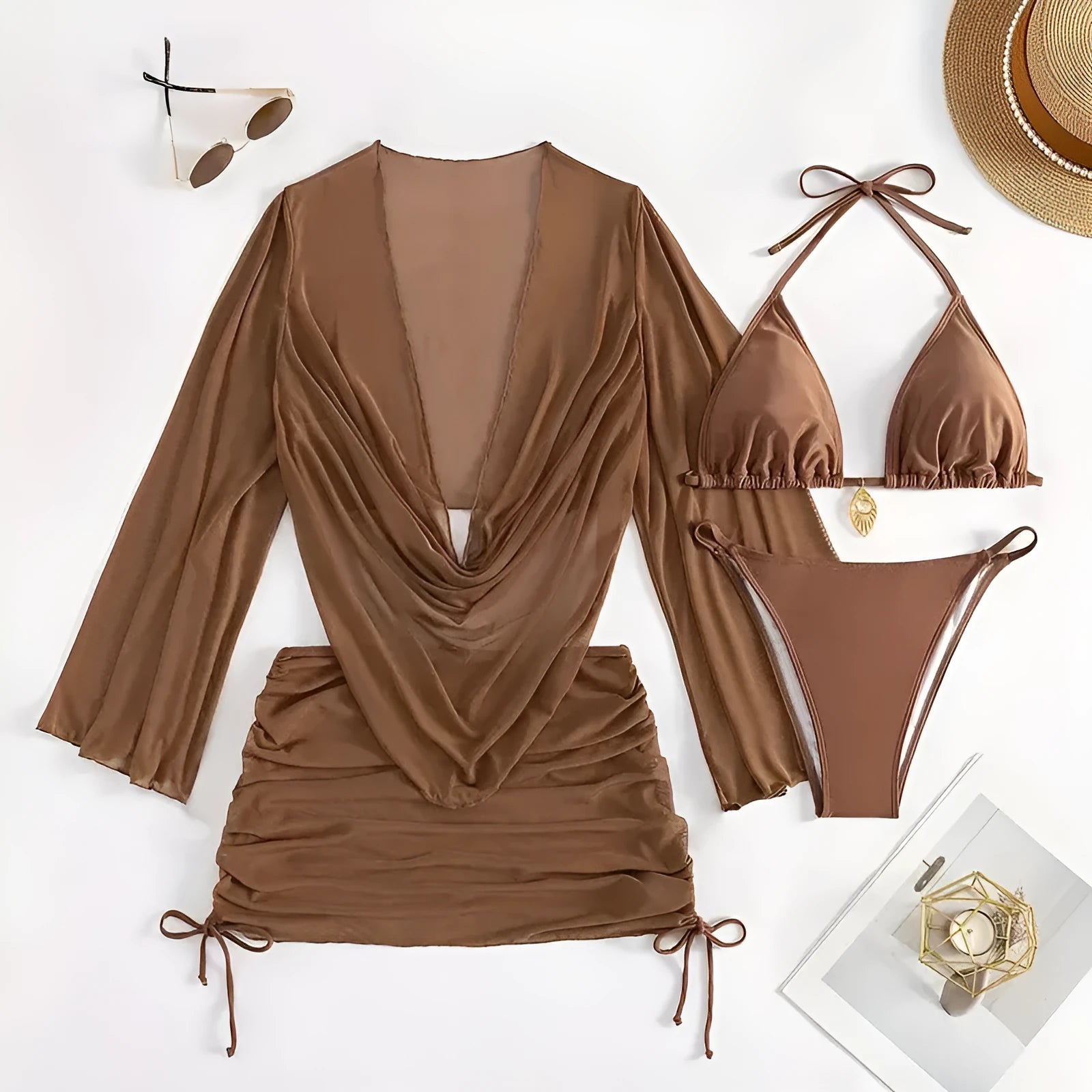Dark brown women's one-piece swimsuit with lace-up back and sleeveless design.