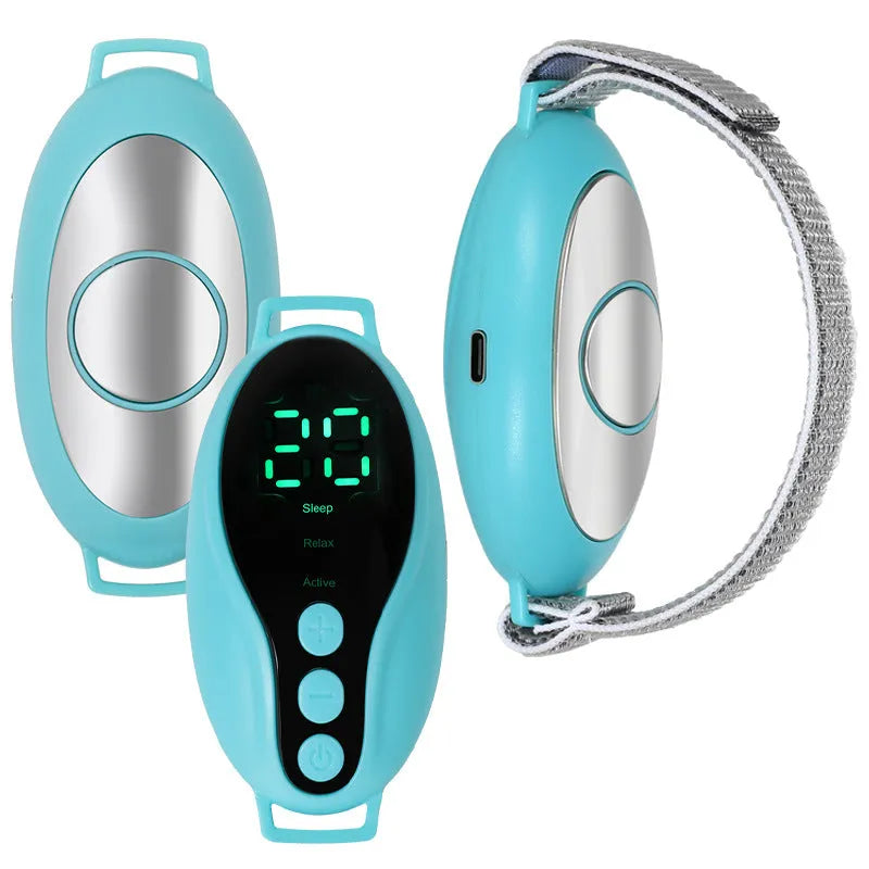 Blue and white intelligent sleeping aid instrument with USB cable on a bedside table
