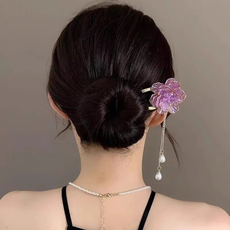 Purple and white peony flower tassel U-shaped hairpin for women with retro design
