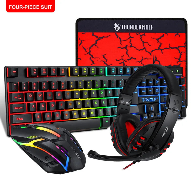 Thunder Wolf wired gaming keyboard and mouse bundle with headset and mouse pad on desk