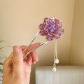 Purple and white peony flower tassel U-shaped hairpin for women with retro design