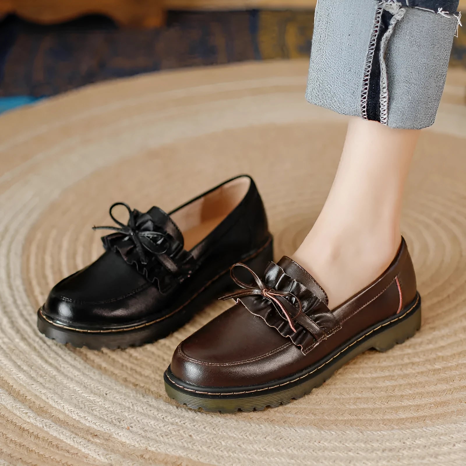 British style women's round head leather shoes with a chunky flat heel in black or brown.