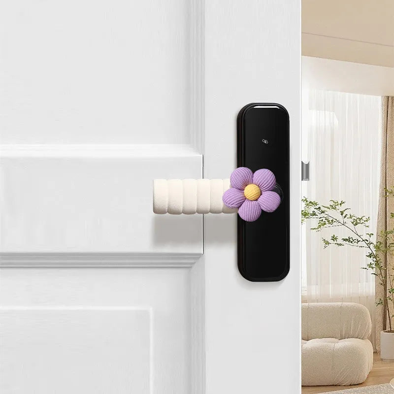 Soft round floral door handle protective cover in PEVA material on a door.