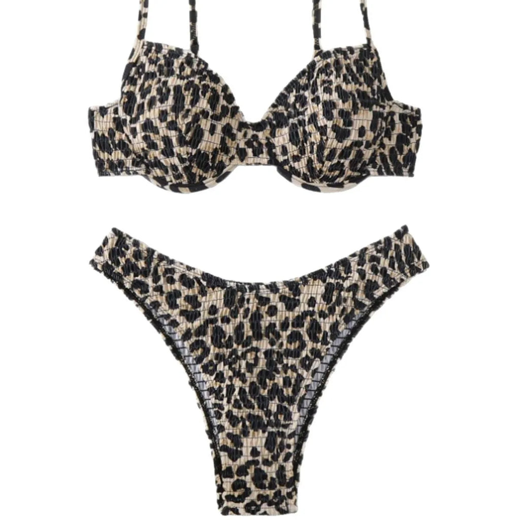 Women's leopard print backless bikini in brown mixed colour on a mannequin.