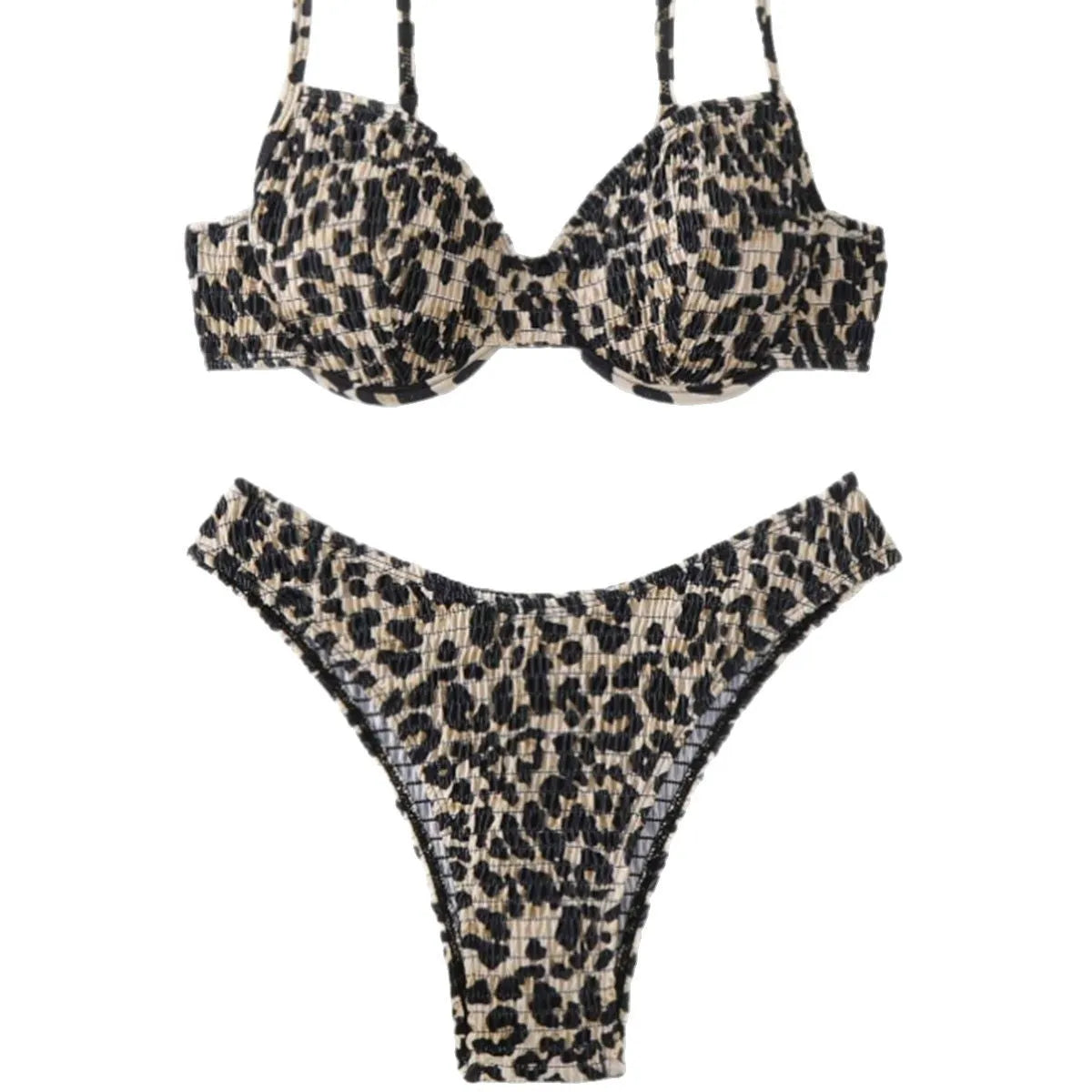 Women's leopard print backless bikini in brown mixed colour on a mannequin.