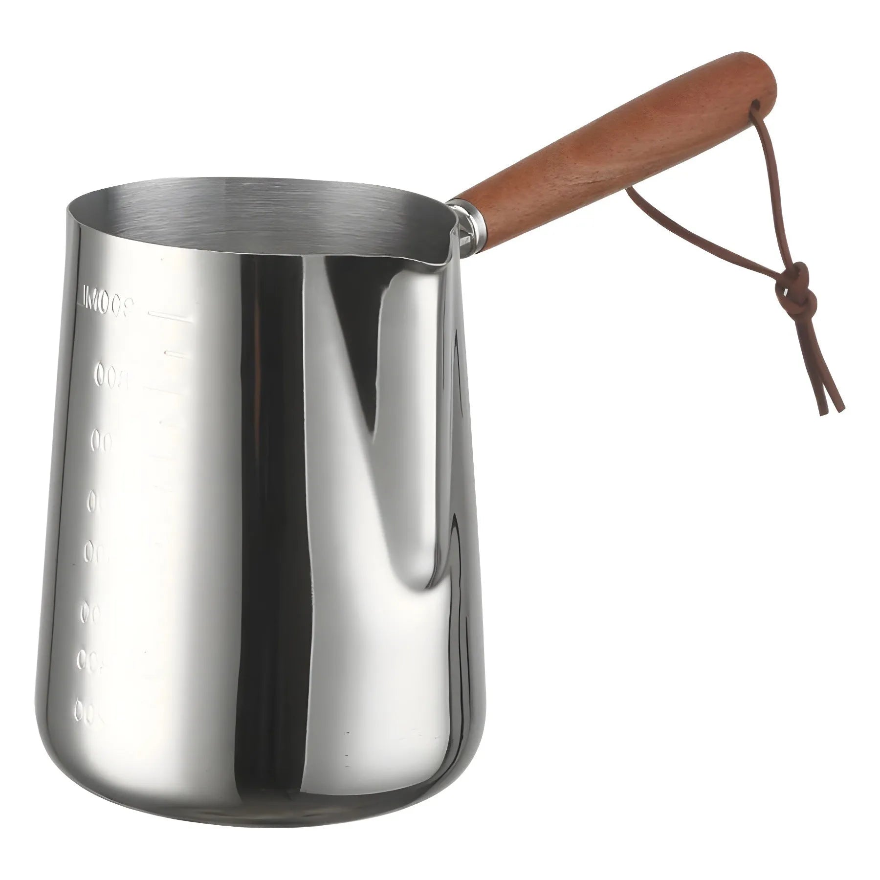 Stainless steel milk jug with wooden handle for latte art, shown in 350ml, 600ml and 1000ml sizes.
